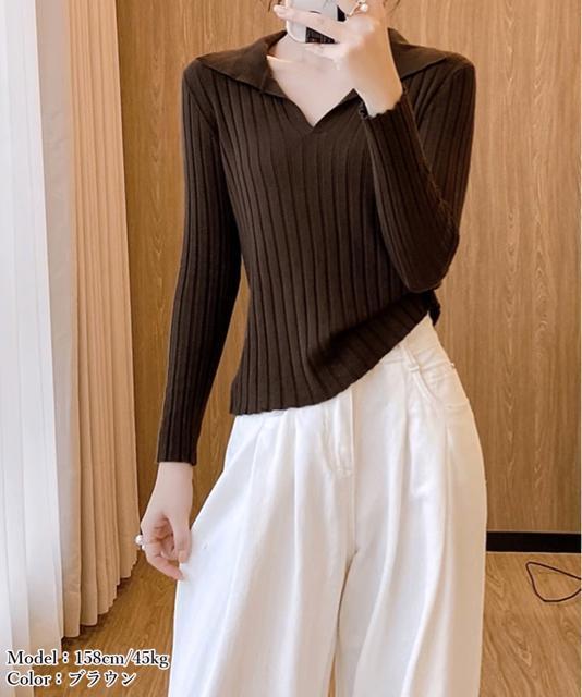 送料無料 新品 ポロカラー リブニットトップス Vネック < 女性ファッション  送料無料 新品 ポロカラー リブニットトップス Vネック < 女性ファッションの