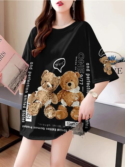 超お買い得1090円★女性用プラスサイズ カジュアルカートゥーンベアプリントTシャツ - オーバーサイズ 黒 フリー < 女性ファッション  超お買い得1090円★女性用プラスサイズ カジュアルカートゥーンベアプリントTシャツ - オーバーサイズ 黒 フリー  < 女性ファッションの