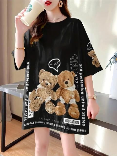超お買い得1090円★女性用プラスサイズ カジュアルカートゥーンベアプリントTシャツ - オーバーサイズ 黒 フリー < 女性ファッション  超お買い得1090円★女性用プラスサイズ カジュアルカートゥーンベアプリントTシャツ - オーバーサイズ 黒 フリー < 女性ファッションの