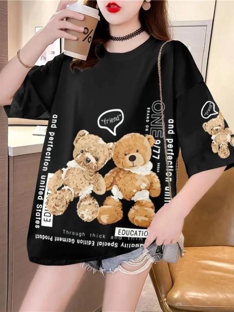 超お買い得1090円★女性用プラスサイズ カジュアルカートゥーンベアプリントTシャツ - オーバーサイズ 黒 フリー < 女性ファッション  超お買い得1090円★女性用プラスサイズ カジュアルカートゥーンベアプリントTシャツ - オーバーサイズ 黒 フリー < 女性ファッションの