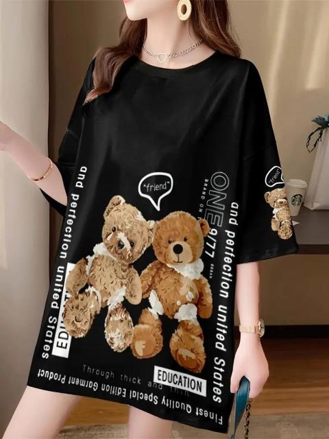 超お買い得1090円★女性用プラスサイズ カジュアルカートゥーンベアプリントTシャツ - オーバーサイズ 黒 フリー < 女性ファッション  超お買い得1090円★女性用プラスサイズ カジュアルカートゥーンベアプリントTシャツ - オーバーサイズ 黒 フリー < 女性ファッションの