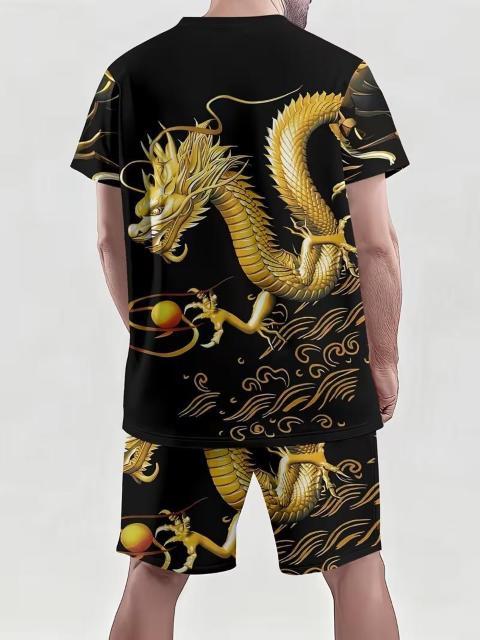 爆ヤス価格1990円★金箔 中華ドラゴンプリント メンズ半袖シャツ&ショーツ 2点セット USAサイズM(日本サイズXL)色:黒 < 男性ファッション 爆ヤス価格1990円★金箔 中華ドラゴンプリント メンズ半袖シャツ&ショーツ 2点セット USAサイズM(日本サイズXL)色:黒 < 男性ファッションの