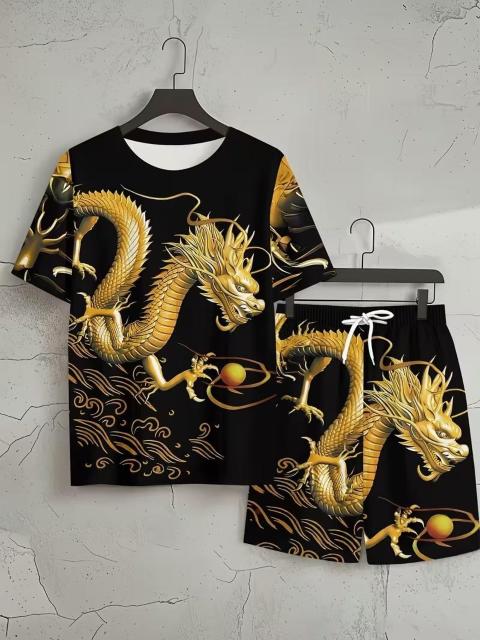 爆ヤス価格1990円★金箔 中華ドラゴンプリント メンズ半袖シャツ&ショーツ 2点セット USAサイズM(日本サイズXL)色:黒 < 男性ファッション 爆ヤス価格1990円★金箔 中華ドラゴンプリント メンズ半袖シャツ&ショーツ 2点セット USAサイズM(日本サイズXL)色:黒 < 男性ファッションの