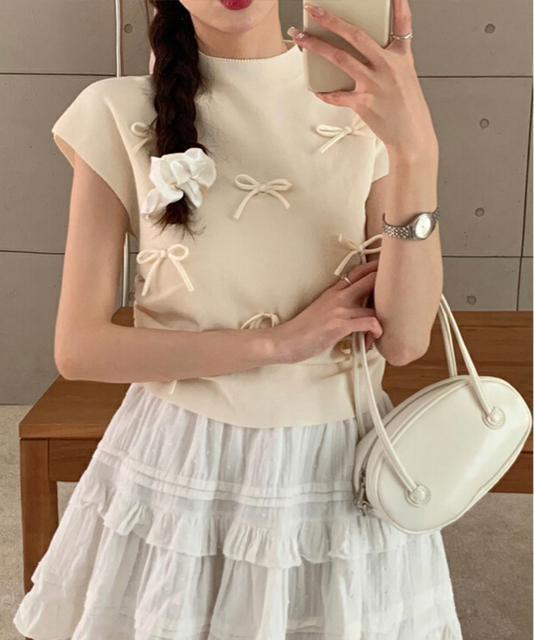 送料無料 新品 リボン付きリブニット プチハイネック夏服 < 女性ファッション  送料無料 新品 リボン付きリブニット プチハイネック夏服 < 女性ファッションの