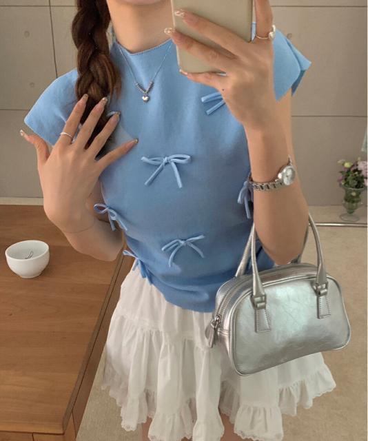 送料無料 新品 リボン付きリブニット プチハイネック夏服 < 女性ファッション  送料無料 新品 リボン付きリブニット プチハイネック夏服 < 女性ファッションの