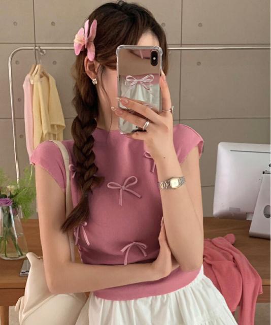 送料無料 新品 リボン付きリブニット プチハイネック夏服 < 女性ファッション  送料無料 新品 リボン付きリブニット プチハイネック夏服 < 女性ファッションの