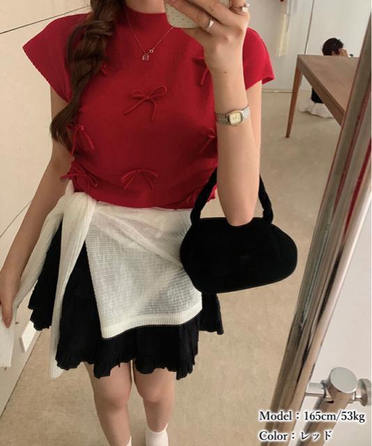 送料無料 新品 リボン付きリブニット プチハイネック夏服 < 女性ファッション  送料無料 新品 リボン付きリブニット プチハイネック夏服 < 女性ファッションの