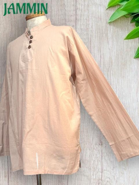 ココナッツボタン付きクルタ ベージュ アジアン エスニック 長袖 ヒッピー < 男性ファッション ココナッツボタン付きクルタ ベージュ アジアン エスニック 長袖 ヒッピー < 男性ファッションの