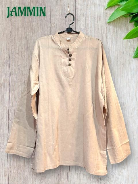 ココナッツボタン付きクルタ ベージュ アジアン エスニック 長袖 ヒッピー < 男性ファッション ココナッツボタン付きクルタ ベージュ アジアン エスニック 長袖 ヒッピー < 男性ファッションの