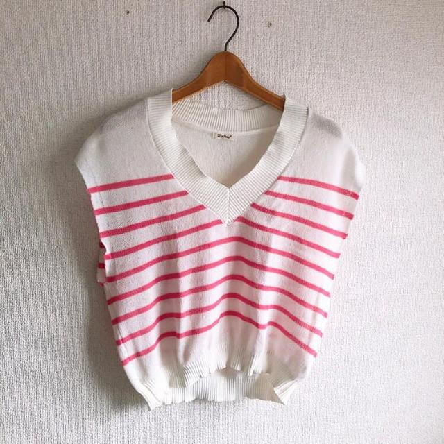 ◆1回着用のみ!!ボーダーニットベスト◆ホワイト×ピンクボーダーM★トレンドシルエット♪ < ブランド ◆1回着用のみ!!ボーダーニットベスト◆ホワイト×ピンクボーダーM★トレンドシルエット♪ < ブランドの