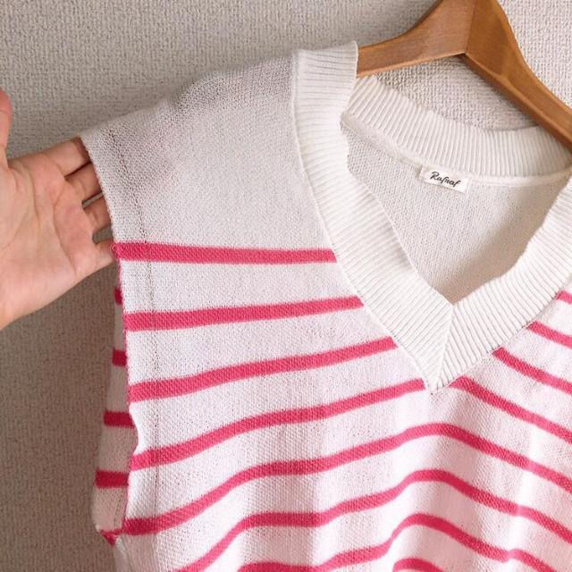 ◆1回着用のみ!!ボーダーニットベスト◆ホワイト×ピンクボーダーM★トレンドシルエット♪ < ブランド ◆1回着用のみ!!ボーダーニットベスト◆ホワイト×ピンクボーダーM★トレンドシルエット♪ < ブランドの