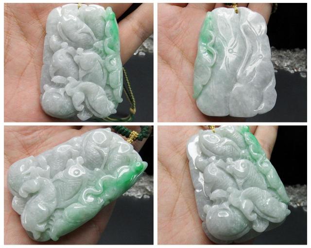 逸品一点物緑入りひすい本翡翠蓮の葉鯉6匹両面手彫り天然石木綿紐ネックレス < 女性アクセサリー/時計 逸品一点物緑入りひすい本翡翠蓮の葉鯉6匹両面手彫り天然石木綿紐ネックレス < 女性アクセサリー/時計の