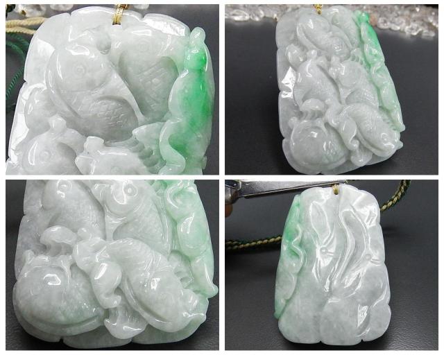 逸品一点物緑入りひすい本翡翠蓮の葉鯉6匹両面手彫り天然石木綿紐ネックレス < 女性アクセサリー/時計 逸品一点物緑入りひすい本翡翠蓮の葉鯉6匹両面手彫り天然石木綿紐ネックレス < 女性アクセサリー/時計の