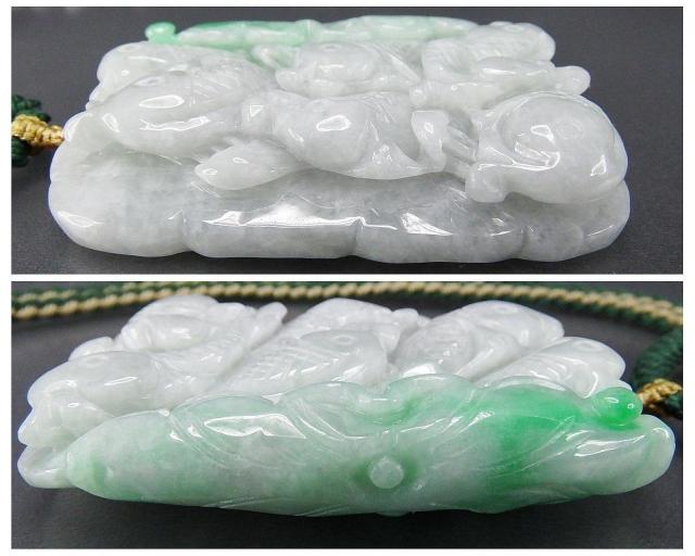 逸品一点物緑入りひすい本翡翠蓮の葉鯉6匹両面手彫り天然石木綿紐ネックレス < 女性アクセサリー/時計 逸品一点物緑入りひすい本翡翠蓮の葉鯉6匹両面手彫り天然石木綿紐ネックレス < 女性アクセサリー/時計の