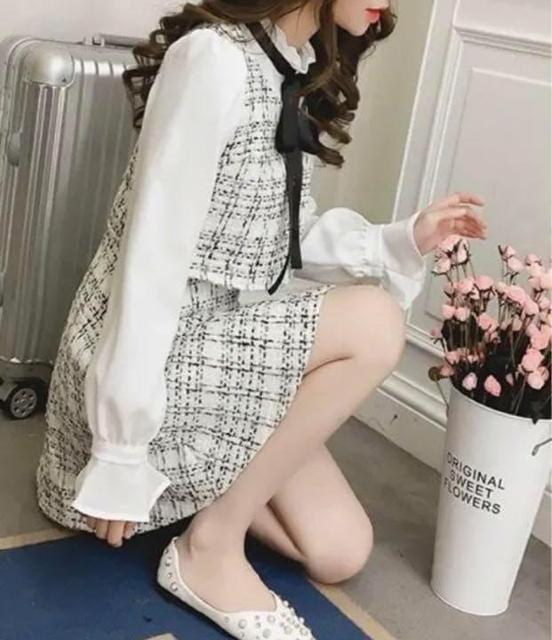 新品☆ワンピース ミニ ツイード リボン Aライン 白 ホワイト < 女性ファッション  新品☆ワンピース ミニ ツイード リボン Aライン 白 ホワイト < 女性ファッションの