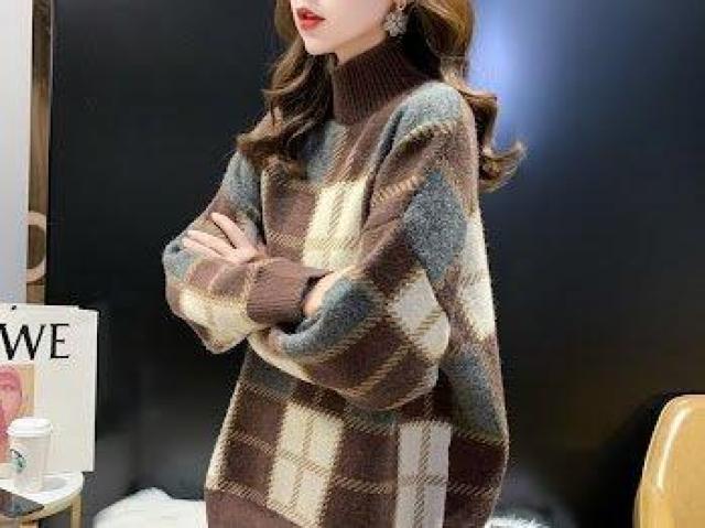 モックネック チェック ニット セーター トップス ハイネック ブラウン < 女性ファッション モックネック チェック ニット セーター トップス ハイネック ブラウン < 女性ファッションの