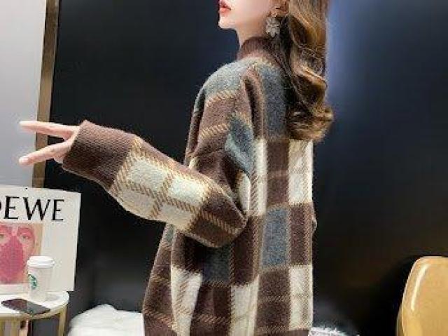 モックネック チェック ニット セーター トップス ハイネック ブラウン < 女性ファッション モックネック チェック ニット セーター トップス ハイネック ブラウン < 女性ファッションの
