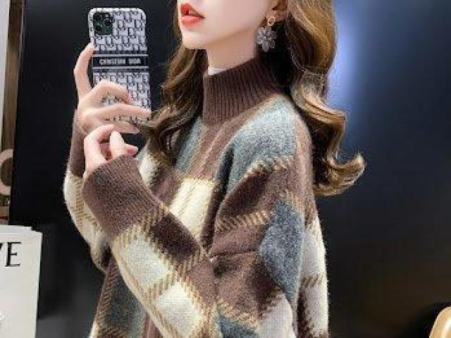 モックネック チェック ニット セーター トップス ハイネック ブラウン < 女性ファッション モックネック チェック ニット セーター トップス ハイネック ブラウン < 女性ファッションの