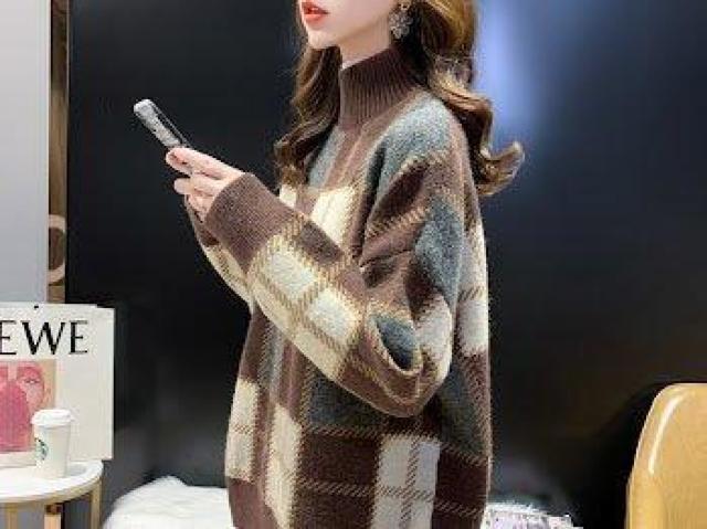 モックネック チェック ニット セーター トップス ハイネック ブラウン < 女性ファッション モックネック チェック ニット セーター トップス ハイネック ブラウン < 女性ファッションの