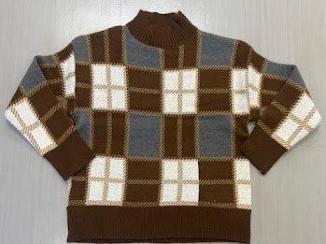 モックネック チェック ニット セーター トップス ハイネック ブラウン < 女性ファッション モックネック チェック ニット セーター トップス ハイネック ブラウン < 女性ファッションの