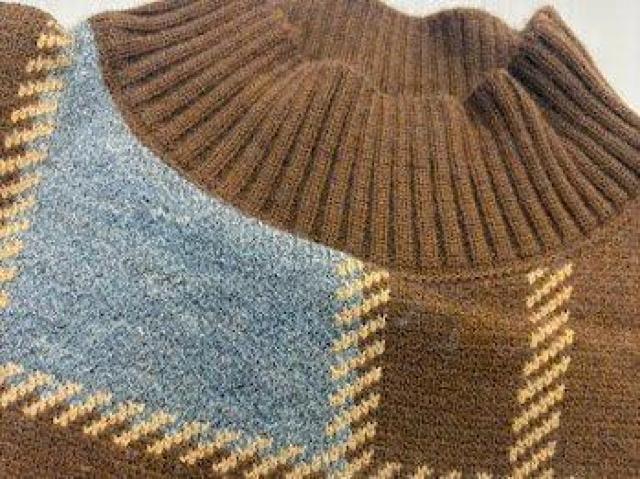 モックネック チェック ニット セーター トップス ハイネック ブラウン < 女性ファッション モックネック チェック ニット セーター トップス ハイネック ブラウン < 女性ファッションの