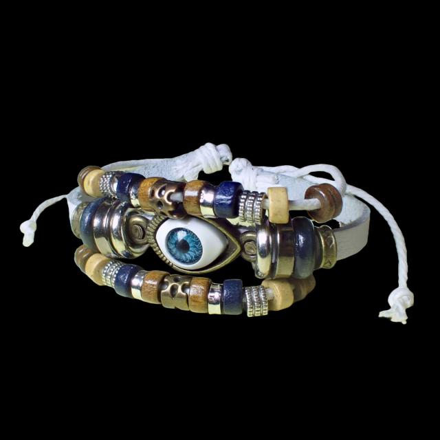 三連 目玉 レザー ブレスレット インディアン アクセサリー バングル リストバンド 白色 < 男性アクセサリー/時計  三連 目玉 レザー ブレスレット インディアン アクセサリー バングル リストバンド 白色  < 男性アクセサリー/時計の