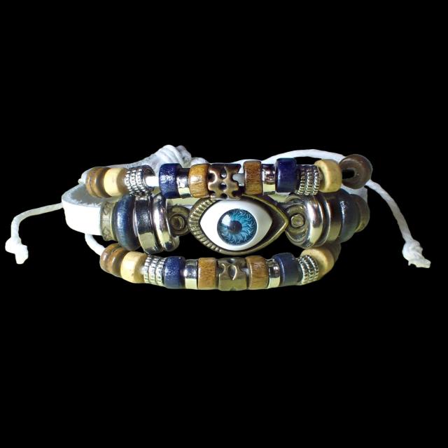 三連 目玉 レザー ブレスレット インディアン アクセサリー バングル リストバンド 白色 < 男性アクセサリー/時計  三連 目玉 レザー ブレスレット インディアン アクセサリー バングル リストバンド 白色 < 男性アクセサリー/時計の