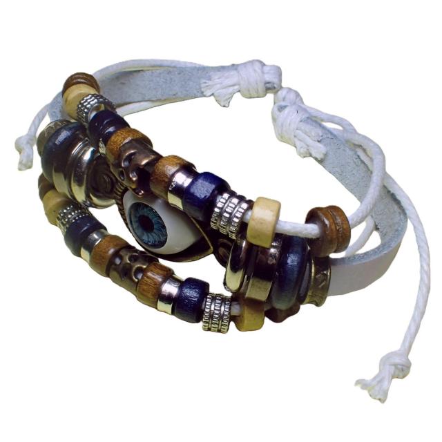 三連 目玉 レザー ブレスレット インディアン アクセサリー バングル リストバンド 白色 < 男性アクセサリー/時計  三連 目玉 レザー ブレスレット インディアン アクセサリー バングル リストバンド 白色 < 男性アクセサリー/時計の