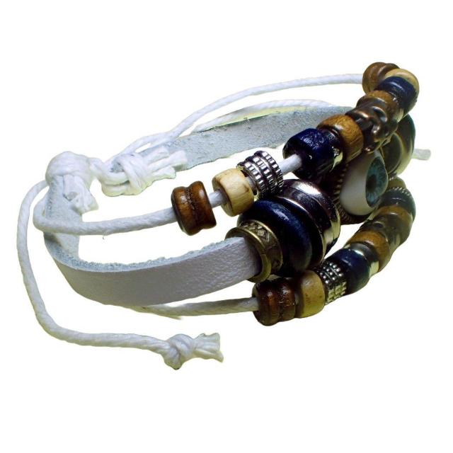 三連 目玉 レザー ブレスレット インディアン アクセサリー バングル リストバンド 白色 < 男性アクセサリー/時計  三連 目玉 レザー ブレスレット インディアン アクセサリー バングル リストバンド 白色 < 男性アクセサリー/時計の
