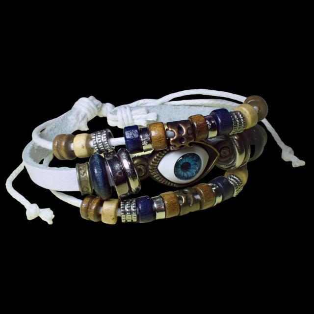 三連 目玉 レザー ブレスレット インディアン アクセサリー バングル リストバンド 白色 < 男性アクセサリー/時計  三連 目玉 レザー ブレスレット インディアン アクセサリー バングル リストバンド 白色 < 男性アクセサリー/時計の