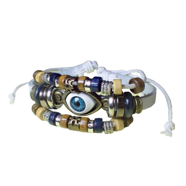 三連 目玉 レザー ブレスレット インディアン アクセサリー バングル リストバンド 白色 < 男性アクセサリー/時計  三連 目玉 レザー ブレスレット インディアン アクセサリー バングル リストバンド 白色 < 男性アクセサリー/時計の