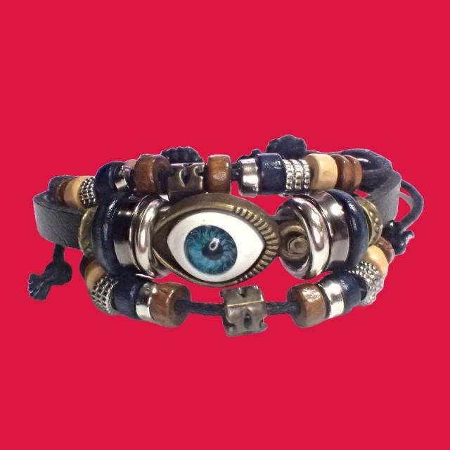 三連 目玉 レザー ブレスレット インディアン アクセサリー バングル リストバンド 黒色 < 男性アクセサリー/時計  三連 目玉 レザー ブレスレット インディアン アクセサリー バングル リストバンド 黒色  < 男性アクセサリー/時計の