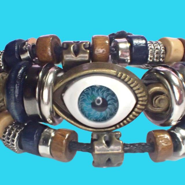 三連 目玉 レザー ブレスレット インディアン アクセサリー バングル リストバンド 黒色 < 男性アクセサリー/時計  三連 目玉 レザー ブレスレット インディアン アクセサリー バングル リストバンド 黒色 < 男性アクセサリー/時計の