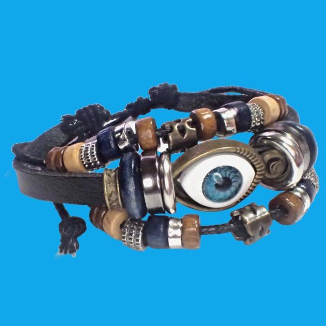 三連 目玉 レザー ブレスレット インディアン アクセサリー バングル リストバンド 黒色 < 男性アクセサリー/時計  三連 目玉 レザー ブレスレット インディアン アクセサリー バングル リストバンド 黒色 < 男性アクセサリー/時計の