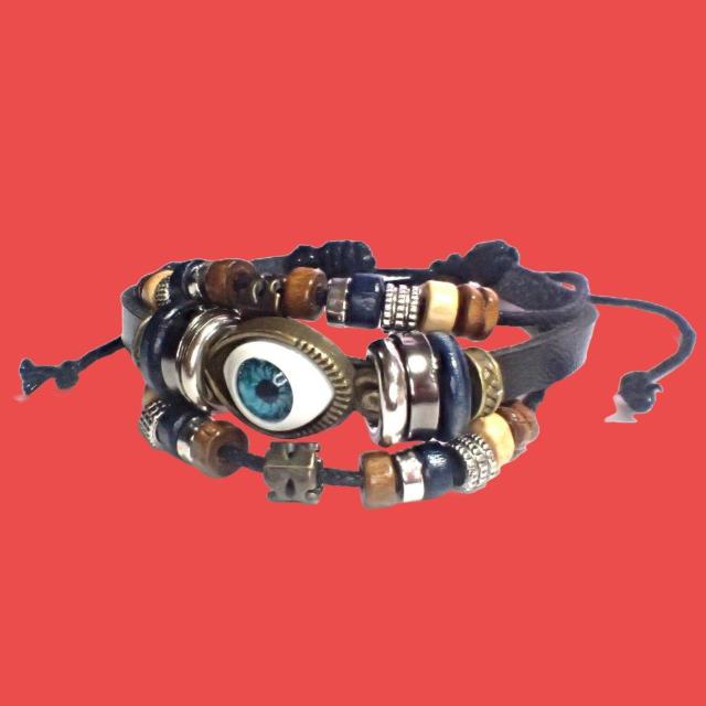 三連 目玉 レザー ブレスレット インディアン アクセサリー バングル リストバンド 黒色 < 男性アクセサリー/時計  三連 目玉 レザー ブレスレット インディアン アクセサリー バングル リストバンド 黒色 < 男性アクセサリー/時計の