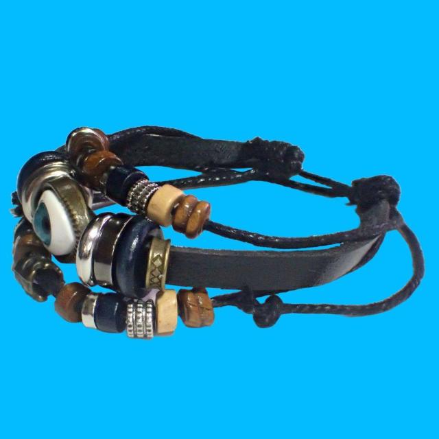 三連 目玉 レザー ブレスレット インディアン アクセサリー バングル リストバンド 黒色 < 男性アクセサリー/時計  三連 目玉 レザー ブレスレット インディアン アクセサリー バングル リストバンド 黒色 < 男性アクセサリー/時計の