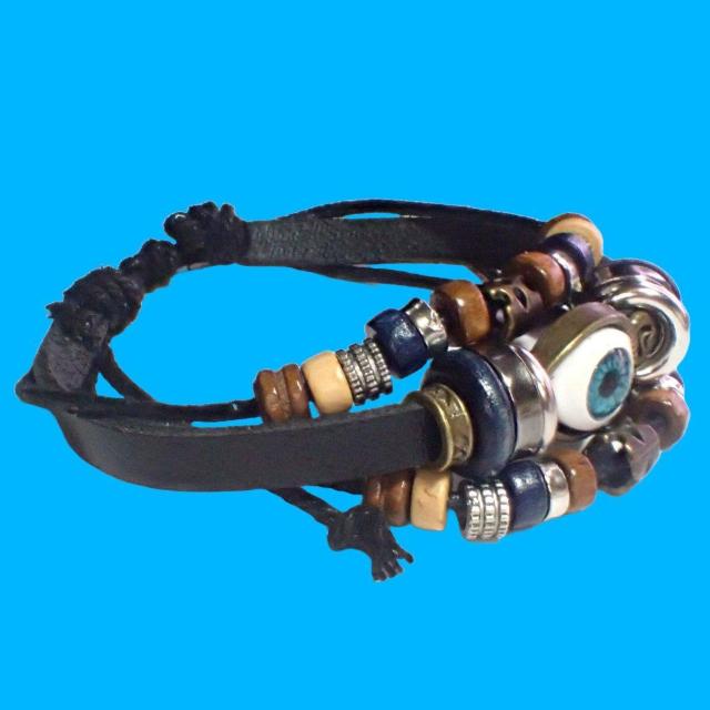 三連 目玉 レザー ブレスレット インディアン アクセサリー バングル リストバンド 黒色 < 男性アクセサリー/時計  三連 目玉 レザー ブレスレット インディアン アクセサリー バングル リストバンド 黒色 < 男性アクセサリー/時計の