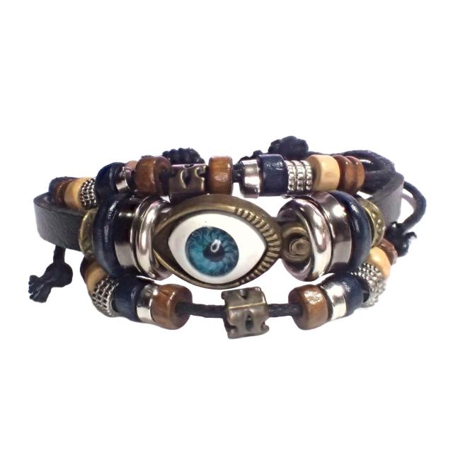 三連 目玉 レザー ブレスレット インディアン アクセサリー バングル リストバンド 黒色 < 男性アクセサリー/時計  三連 目玉 レザー ブレスレット インディアン アクセサリー バングル リストバンド 黒色 < 男性アクセサリー/時計の