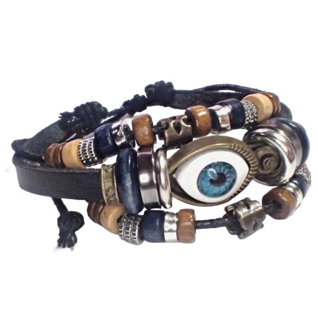 三連 目玉 レザー ブレスレット インディアン アクセサリー バングル リストバンド 黒色 < 男性アクセサリー/時計  三連 目玉 レザー ブレスレット インディアン アクセサリー バングル リストバンド 黒色 < 男性アクセサリー/時計の