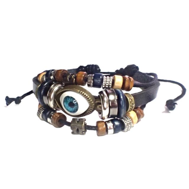 三連 目玉 レザー ブレスレット インディアン アクセサリー バングル リストバンド 黒色 < 男性アクセサリー/時計  三連 目玉 レザー ブレスレット インディアン アクセサリー バングル リストバンド 黒色 < 男性アクセサリー/時計の