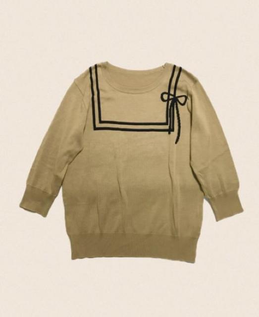 セーラー風ライン&リボン〓七分袖ニットセーター〓ベージュ(L)美品〓 < ブランド セーラー風ライン&リボン〓七分袖ニットセーター〓ベージュ(L)美品〓 < ブランドの