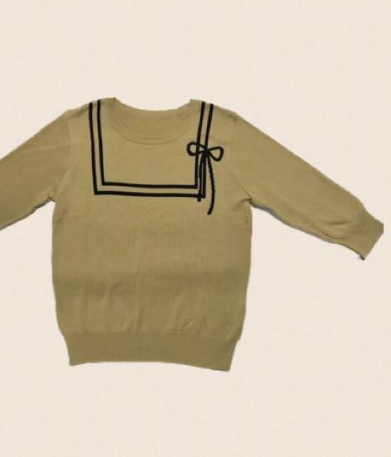 セーラー風ライン&リボン〓七分袖ニットセーター〓ベージュ(L)美品〓 < ブランド セーラー風ライン&リボン〓七分袖ニットセーター〓ベージュ(L)美品〓 < ブランドの