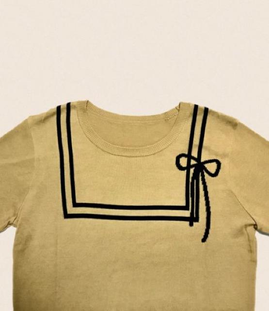 セーラー風ライン&リボン〓七分袖ニットセーター〓ベージュ(L)美品〓 < ブランド セーラー風ライン&リボン〓七分袖ニットセーター〓ベージュ(L)美品〓 < ブランドの