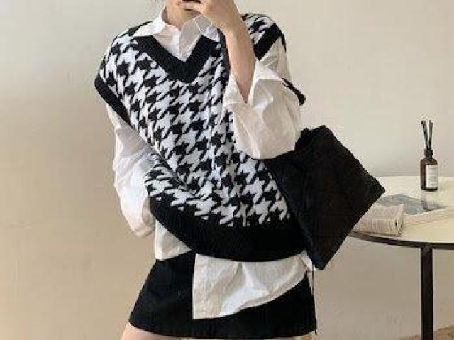 千鳥柄 ニット ベスト ブラック×ホワイト < 女性ファッション 千鳥柄 ニット ベスト ブラック×ホワイト < 女性ファッションの