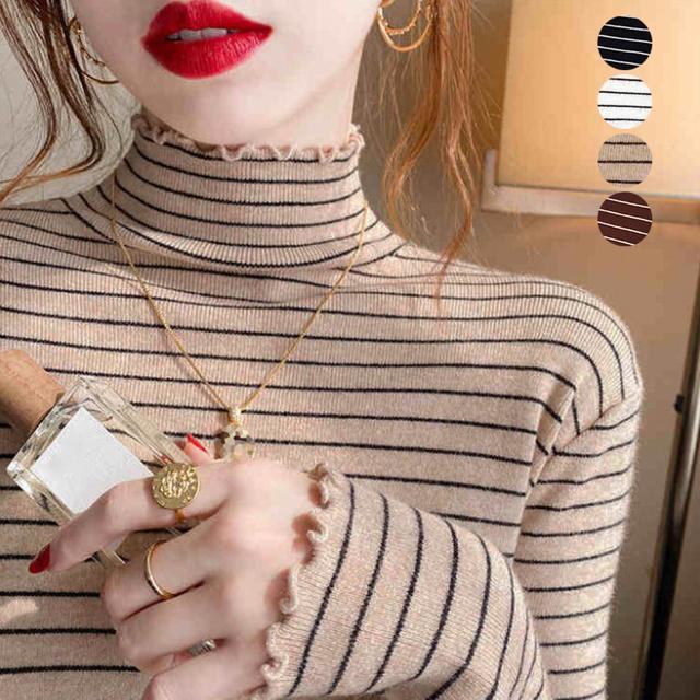 送料無料 新品 ボーダー柄ニットトップス 韓国ハイネック < 女性ファッション  送料無料 新品 ボーダー柄ニットトップス 韓国ハイネック  < 女性ファッションの