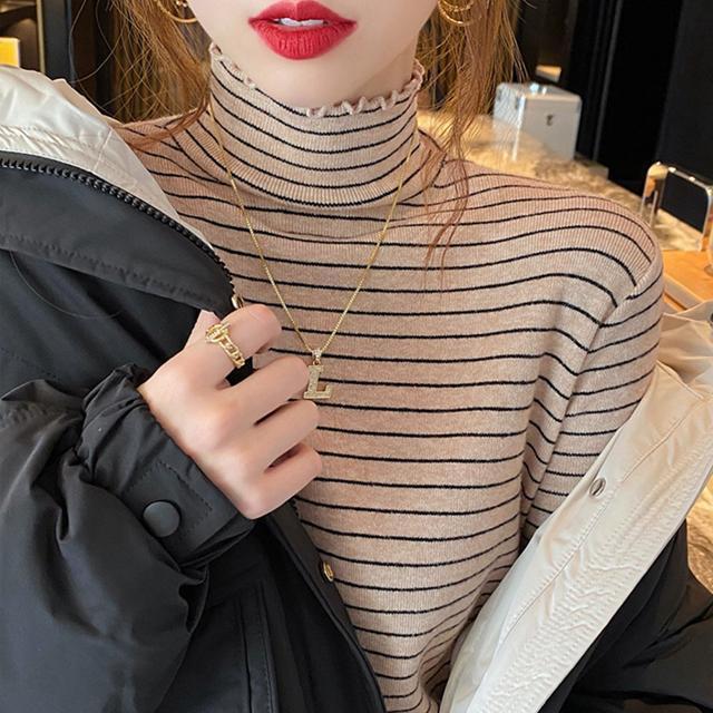 送料無料 新品 ボーダー柄ニットトップス 韓国ハイネック < 女性ファッション  送料無料 新品 ボーダー柄ニットトップス 韓国ハイネック < 女性ファッションの