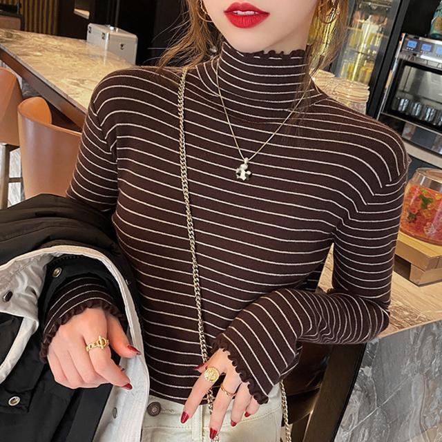 送料無料 新品 ボーダー柄ニットトップス 韓国ハイネック < 女性ファッション  送料無料 新品 ボーダー柄ニットトップス 韓国ハイネック < 女性ファッションの