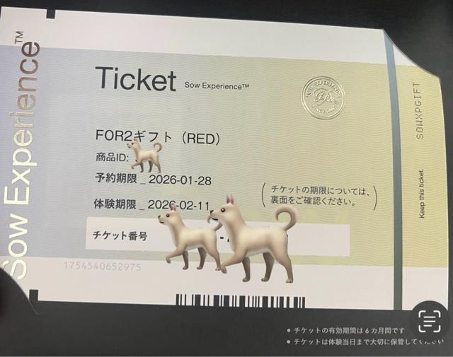 【未使用】体験ギフト SOW EXPERIENCE FOR2ギフト (RED) < チケット/金券 【未使用】体験ギフト SOW EXPERIENCE FOR2ギフト (RED) < チケット/金券の