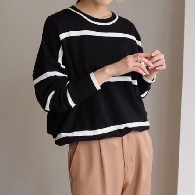 ◆shemoshelly/コットン100%ビッグワイドボーダーチュニックニットトップス◆オーバーサイズ★ブラック < 女性ファッション  ◆shemoshelly/コットン100%ビッグワイドボーダーチュニックニットトップス◆オーバーサイズ★ブラック < 女性ファッションの