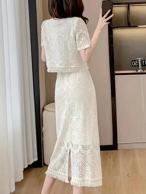 爆ヤス価格3790円★春夏用ポリエステル2ピースドレスセット、Vネック、レースディテール 日本サイズM 白 < 女性ファッション  爆ヤス価格3790円★春夏用ポリエステル2ピースドレスセット、Vネック、レースディテール 日本サイズM 白 < 女性ファッションの
